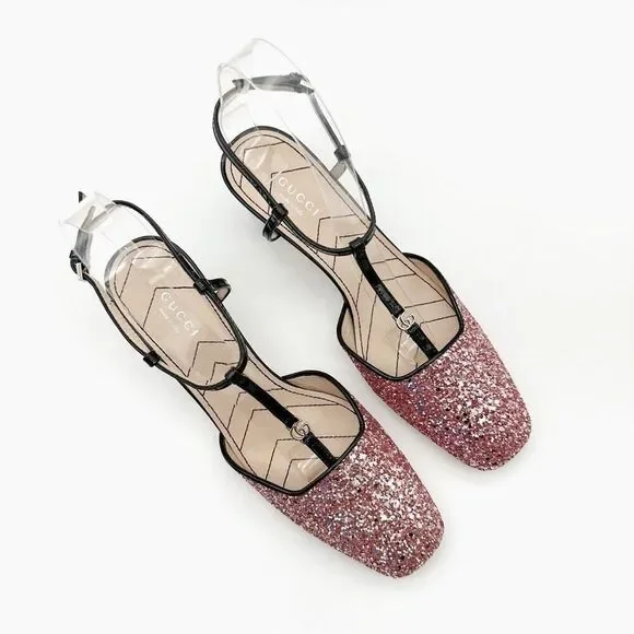 GUCCI Pink Glitter T-Strap Embellished Size 37.5 US 7.5 Leather GG Marmont - Picture 6 of 14